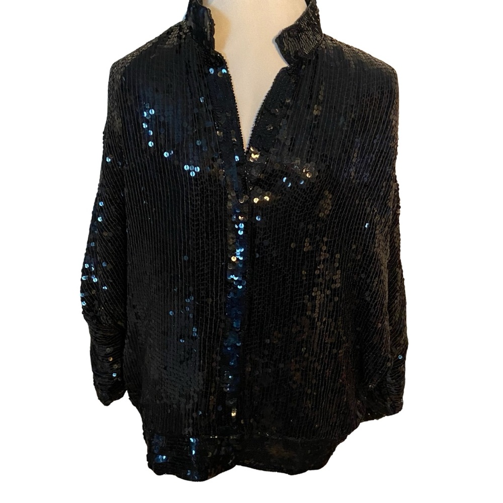 Studio 54 style black silk sequin bomber jacket L 1970/80 Vintage